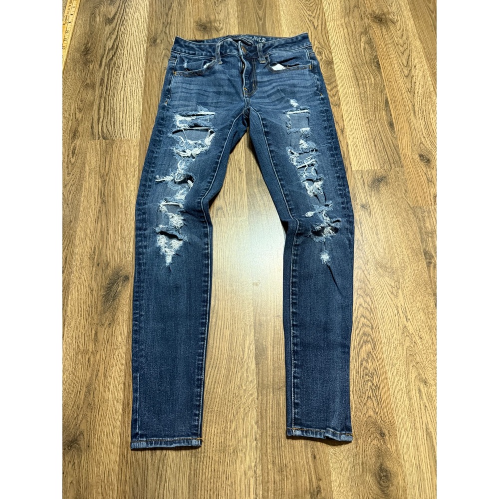 American Eagle Jeans Womens 00 Short Blue Denim 360 Super Stretch Jeans Ripped